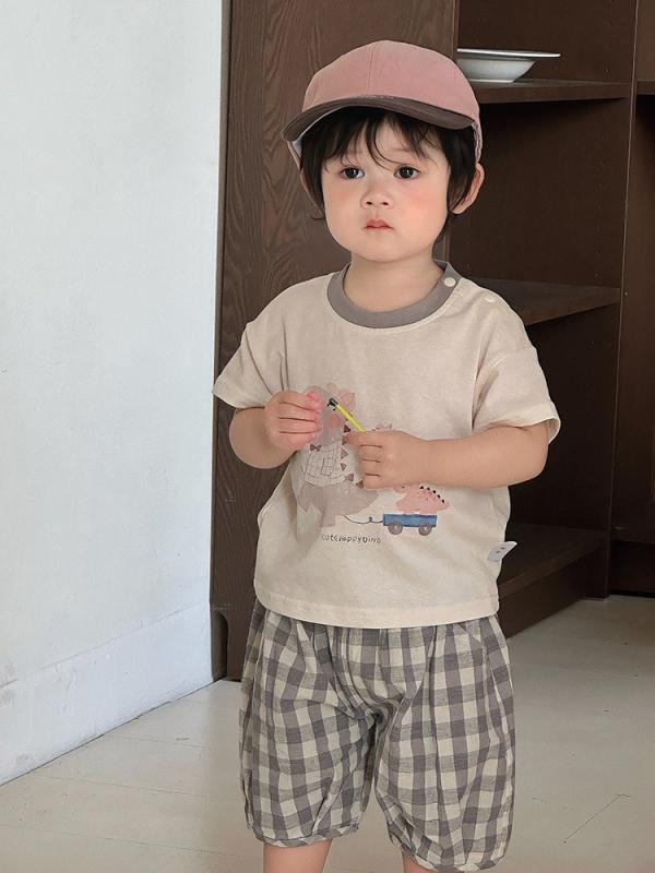男児 夏用 薄手 半袖 Tシャツ 短パン セット 綿 柔らかい 接触冷感 吸湿速乾 軽量 通気性 ベビー キッズ ベビー服 幼児服 かわいい カードーン柄 アイボリー カラーバリエーション 普段使い 遊び着 室内外 日常着