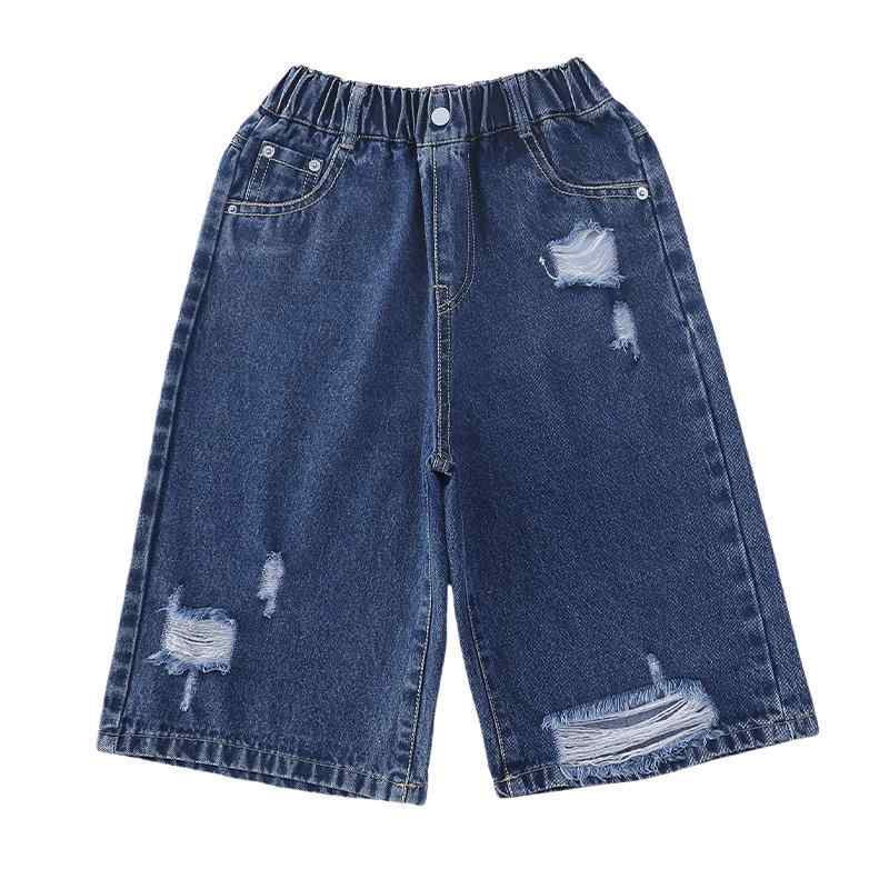 Long-Trousers, Trousers - 女児 牛仔 中パンツ 女の子 子供用 綿 デニム 夏用 半袖パンツ 5分丈 ミドル丈 ゆったり ワイドシルエット 破れ デザイン 薄手 軽量 柔らかい 生地 接触冷感 吸湿速乾 ブルー ブラック カラー ミッドライズ ゴムウエスト ベルト 通気性 動きや