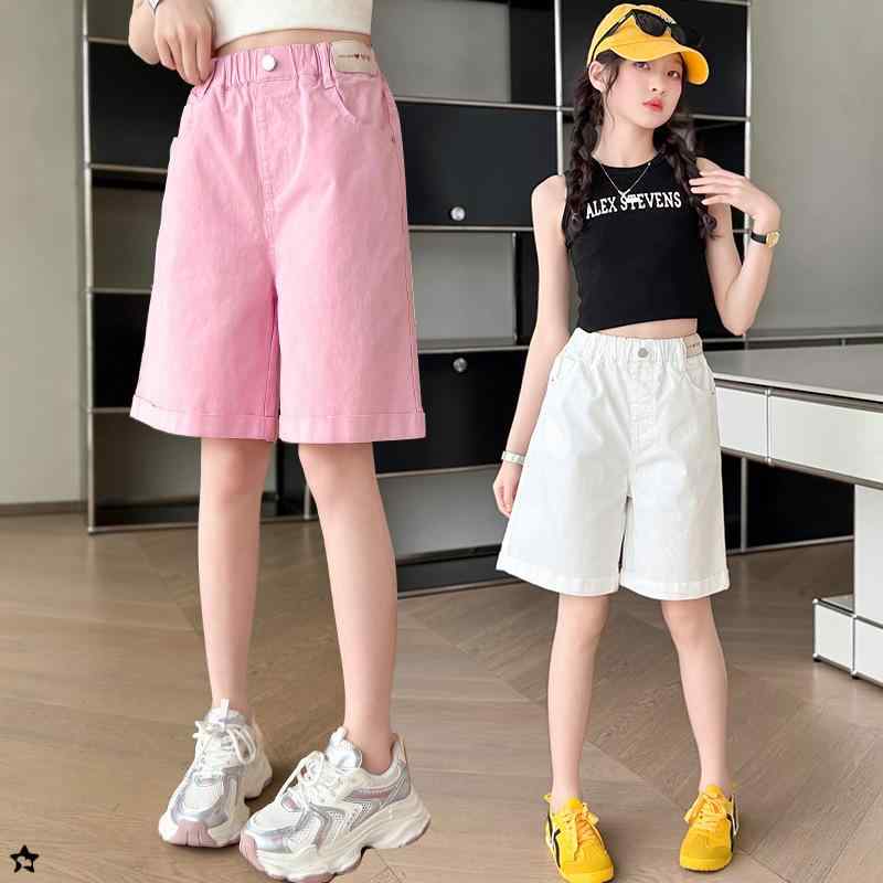 Long-Trousers, Trousers - 女児 ショーツ 夏用 牛仔 中パンツ 女中大童 5分丈 白色 ピンク 綿素材 柔軟 伸縮性 高腰 軽量 薄手 日常 遊び着 カジュアル 韓風 スポーツ トレンド 接触冷感 吸湿速乾