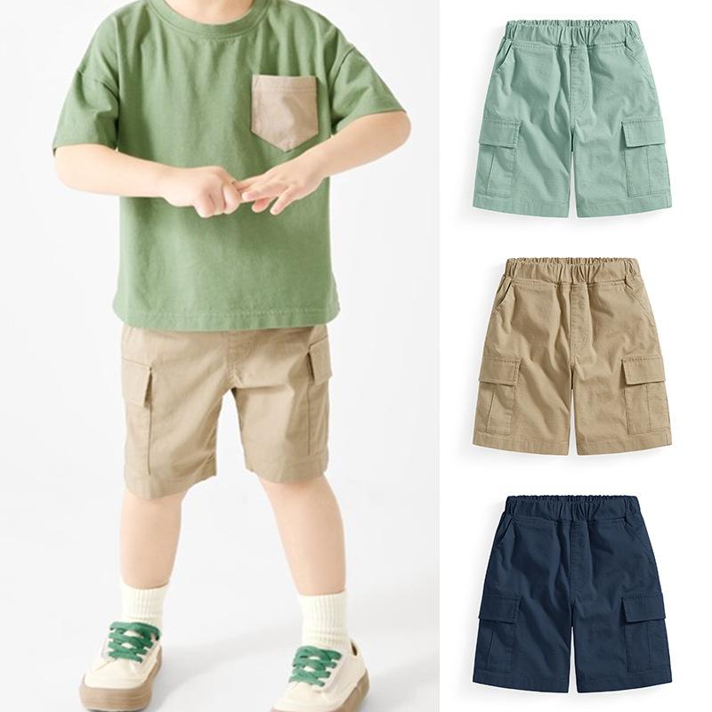 Long-Trousers, Trousers - キッズ 男の子 夏 短パン 綿 100% 織物 柔らかい 素材 純色 カラーバリエーション ネイビー カーキ ミントグリーン 作業風 デザイン 動きやすい 日常使い 遊び着 3〜8歳 中小学生 サイズ 100〜160cm