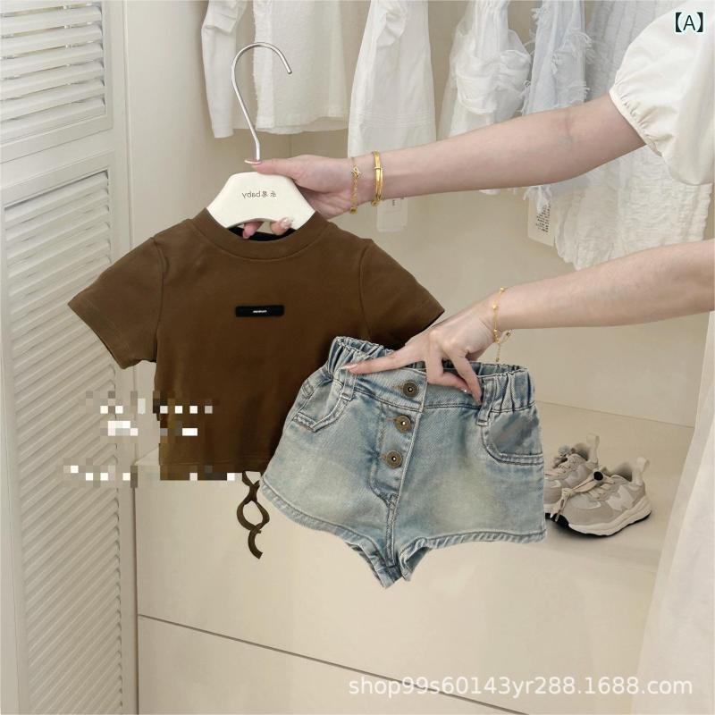 女児 キッズ 夏 春夏 服装 セット トップス 半袖 Tシャツ 綿 柔らかい 薄手 純色 かわいい コーディネート 普段使い 遊び着 女の子 3-8歳 100-140cm 対応 身長80-130cm 調整 ブラウン 上衣 デニム ショートパンツ 切り替え
