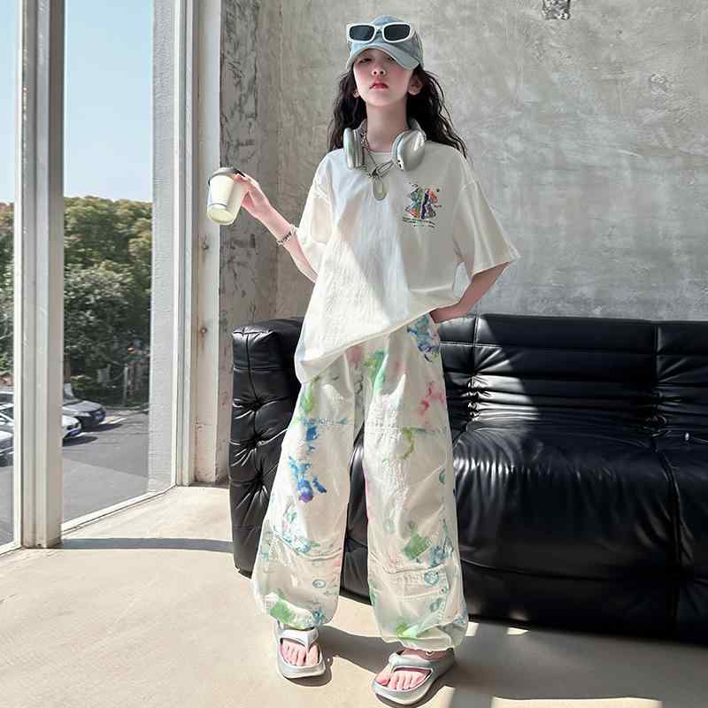 女児 キッズ 女の子 夏服 セット 綿 コットン 薄手 柔らかい 生地 短袖 Tシャツ トップス プリント 印花 柄 染め タイダイ 加工 ワークパンツ 工装 長ズボン 運動 スタイル 潮 クール ファッション 120cm 130cm 140cm 150