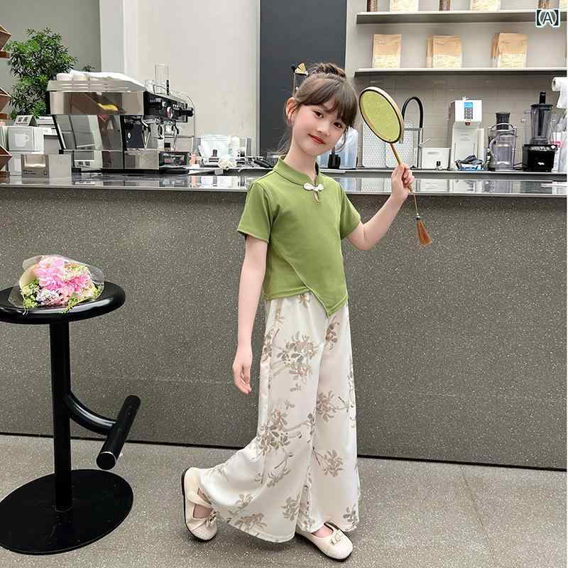 女児 国風 夏 トップス 短袖 Tシャツ ワイドパンツ セット 綿 薄手 透気 柔軟 単色 緑 黒 3～8歳 かわいい 和風 普段使い 軽量 吸湿速乾 子供服 長ズボン 単排ボタン B級安全
