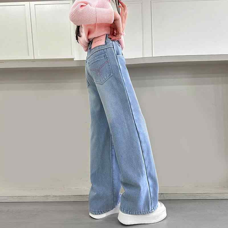女児パンツ 女の子用 牛仔パンツ デニムパンツ 春秋 春夏 秋冬 ミッドライズ ミドルウエスト ストレートレッグ ストレートパンツ ワイドレッグ ワイドパンツ ナローフィット スリムフィット 柔軟素材 ポリエステル100% ポリエステル素材 長ズボン ロ