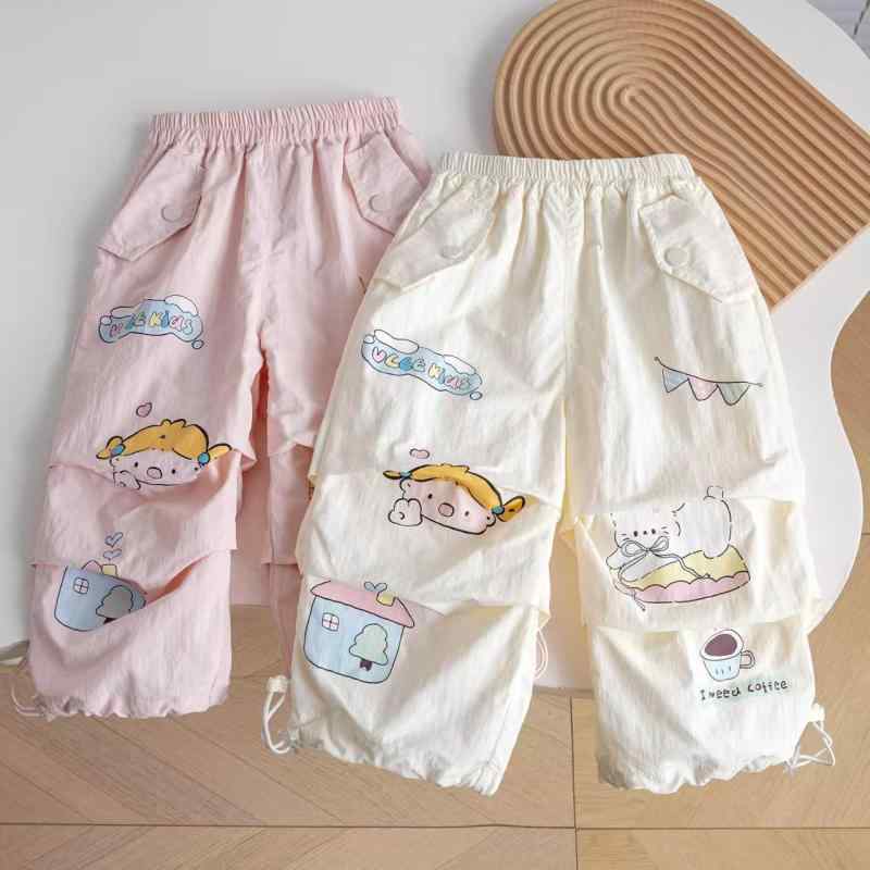 女児 春夏 防蚊パンツ かわいい カードプリント 束脚 工装パンツ 女の子 3〜8歳 接触冷感 ポリエステル混紡 柔らか素材 ミッドライズ ゴムウエスト 長ズボン 杏色 ピンク 通気性 軽量 普段使い カジュアルスタイル アウトドア