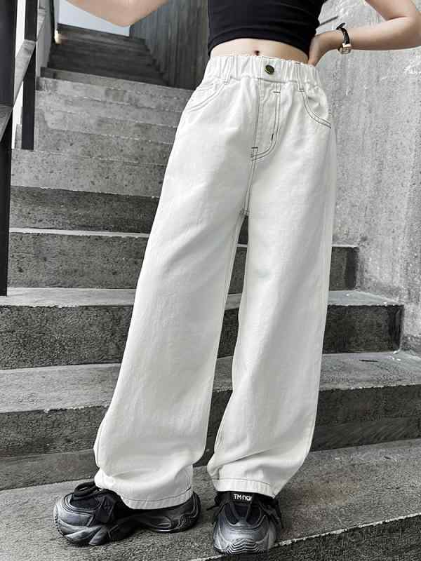 ・カテゴリ: 童裤・スタイル: 韓版・主な素材: ポリエステル繊維（ポリエステル）80%・パンツ丈: ロングパンツ・対象性別: 女・対象年齢: 中大童(8歳以上、140cm以上)・対象季節: 夏・デザイン: デニムパンツ・パターン: 無地・ファブリック加工: 柔軟処理・要素: ストリートファッション・ウエスト位置: ミッドライズ・フロントタイプ: ゴムウエストバンド・カラー展開: 白色・身長対応: 120cm,130cm,140cm,150cm,160cm,170cm