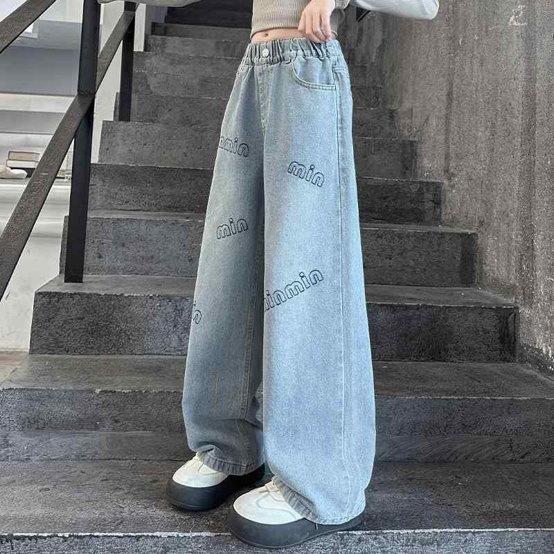 女児 ワイドパンツ 女の子 子供服 コットン デニムパンツ 春秋 ストレート ロング丈 ミッドライズ 柔軟素材 アルファベット刺繍 ラフスタイル ファッション ワイドレッグ 綿混 ゆったり トレンド