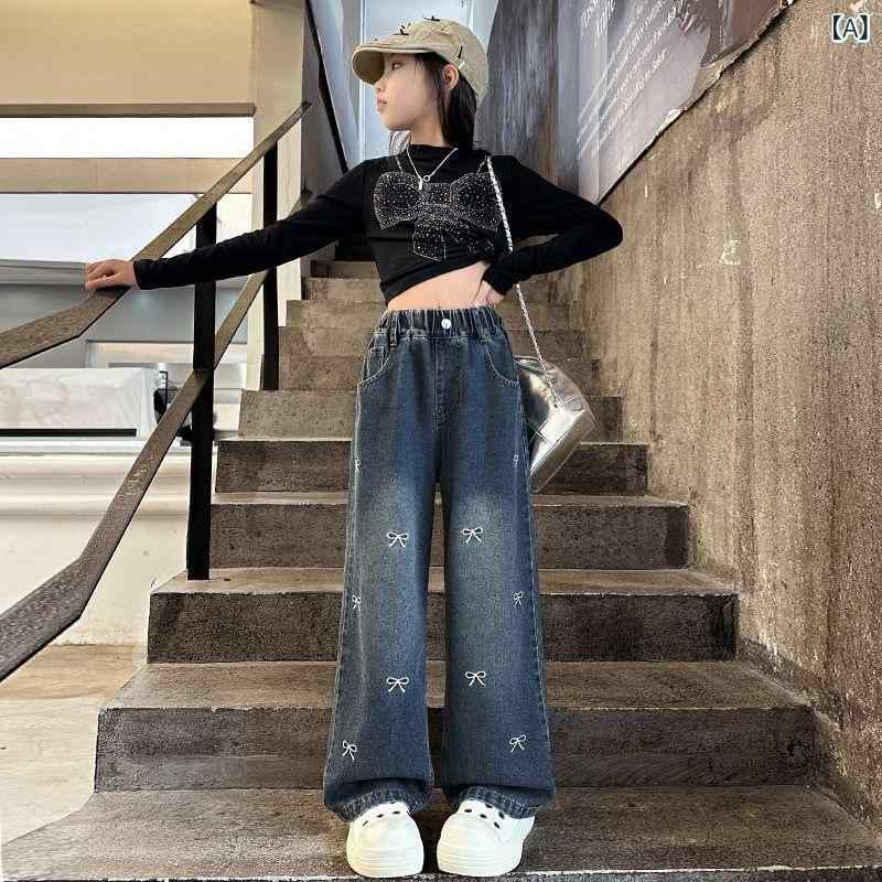 女児 牛仔パンツ キッズ 女の子 中大童 直筒 長ズボン 綿素材 柔軟 動物柄 蝶結び 中腰 ゴム腰 春秋 かわいい 伸縮性 普段使い 軽量 ベーシック ストレートシルエット 100-160cm