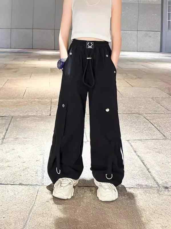 Other - 女児 キッズ 女の子 高腰 工装パンツ 長ズボン ワイドシルエット ゆったり ルーズフィット 多ポケット 百搭 ミリタリースタイル コットン混紡 ポリエステル 柔軟 素材 純色 ブラック ホワイト レッド 春秋 季節 潮風 カジュアル 普段使い 外出 遊