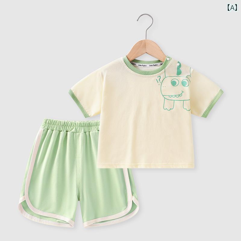 Blouses, Shirts - ベビー 男女兼用 夏用 綿100% 短袖Tシャツ 短パン 2点セット 動物 カード プリント 緑 紺 紫 カジュアル 伸縮性 吸湿速乾 軽量 普段使い 室内外対応