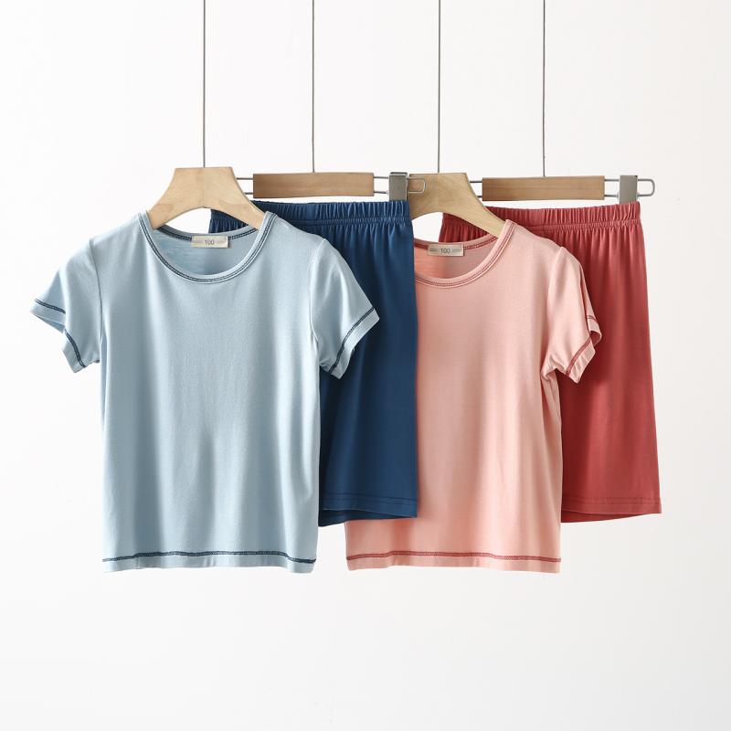 キッズ 子供用 短袖 薄手 モダール 寝間着 セット 牛仔ブルー 珊瑚レッド グリーン パープル 長袖 長パンツ 組み合わせ ユニセックス 男の子 女の子 部屋着 家居服 夏 春秋 伸縮性 吸湿速乾 軽量 柔らかい 肌触り 良い 再生繊維 混紡 100c