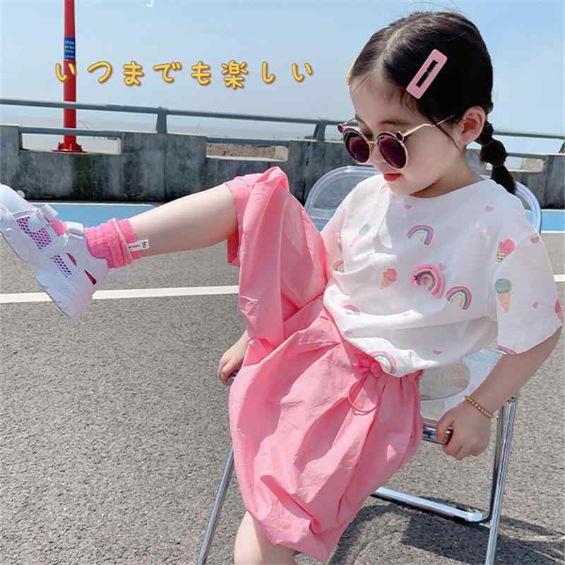 女児 トップス セット 春夏 子供服 ハーレムパンツ 7分丈 綿素材 柔らかい かわいい 抽象柄 3〜8歳 90〜140cm 伸縮性 普段使い 軽量 カラフル セットアップ トップス ショートスリーブ ボトムス ハーレムスタイル 親子コーデ 公園遊び 室