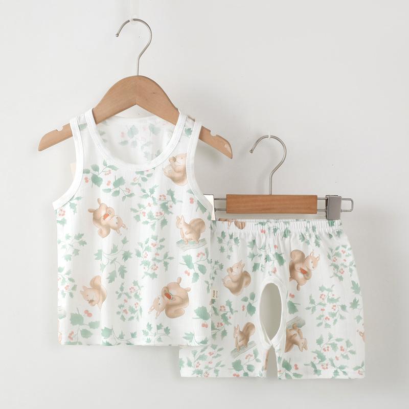 ベビー キッズ 男女兼用 夏季 純棉 薄手 無袖 開き裆 短パン セット かわいい 動物プリント 長袖なし トップス ボトムス 組み合わせ 伸縮性 吸湿速乾 通気性 柔らかい 肌触り 日常使い 部屋着 遊び着 軽量 シンプル デザイン 1歳 2歳 3歳
