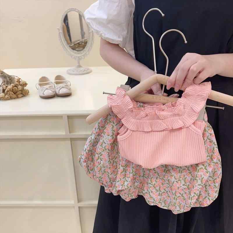 キッズ 女の子 夏服 セット 背心 短パン 綿 素材 ピンク 紫 花柄 かわいい 軽量 通気性 吸湿速乾 普段使い 1～3歳 80～100cm