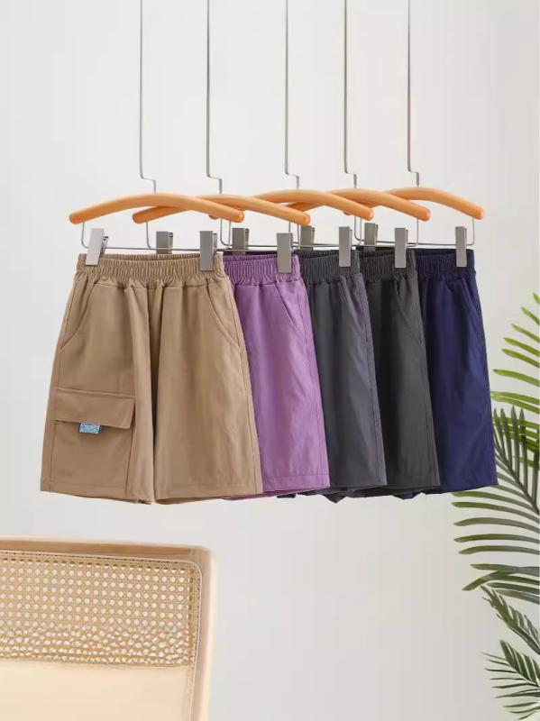 Occidental Goods - キッズ 男女兼用 速干 短パン 5分丈 工装風 中腰 柔軟 ナイロン 切り替え ポケット 軽量 吸湿速乾 ユニセックス 子供用 夏 紫 緑 カーキ グレー ネイビー 通気性 運動 普段使い 100-140cm 対応