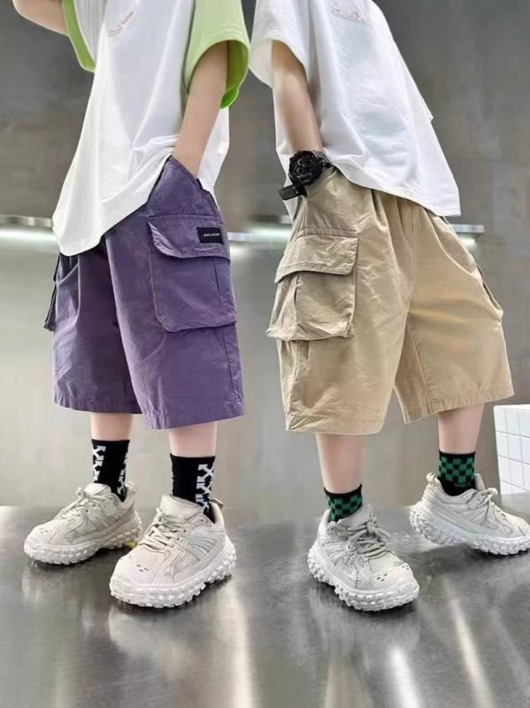 キッズ 男の子 夏用 半ズボン 5分丈 中ズボン 春夏 子供 ショートパンツ 涼感 透気性 綿混紡 ポリエステル 柔軟 純色 ミッドライズ ゴム腰 黒 紫 カーキ 120cm 130cm 140cm 150cm 160cm 170cm 8歳以上 通気性