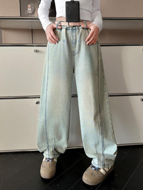 女児 デニムパンツ 春夏 かわいい 韓国風 ワイドパンツ ストレートパンツ ロングパンツ 軽量 柔らかい ポリエステル ミックス ミディアムウエスト イージーウォーム ライトブルー 普段使い スクール アクティブ 子供服 女の子 8歳以上 140cm以上