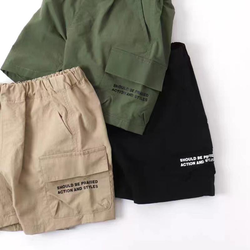Other - キッズ 男の子 夏 綿 ショートパンツ 軍パン 風 5分丈 中腰 伸縮性 柔らかい 素材 ポケット 付き ユニセックス 子供 成長期 対応 黒 ベージュ オリーブ グリーン カラーバリエーション 遊び着 アウトドア 普段使い 通気性 軽量 快適 純色 デ