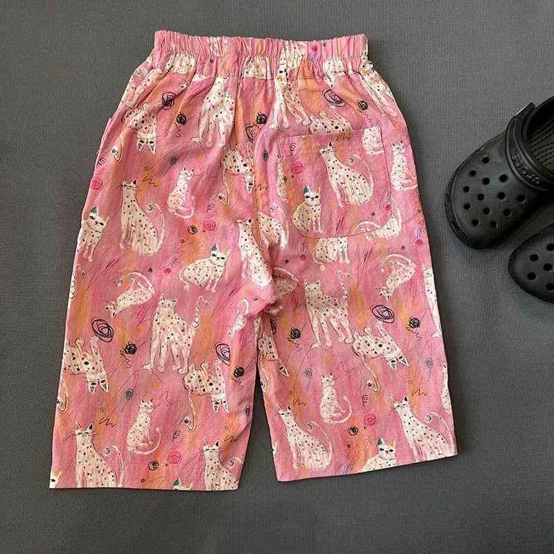 女児 防蚊パンツ ピンク 猫柄 プリント コットン 柔らか素材 九分丈 ミッドウエスト ゴムバンド 夏用 3〜8歳 かわいい 休闲 スタイル 吸湿速乾 通気性 軽量 子供服 カジュアル 普段使い