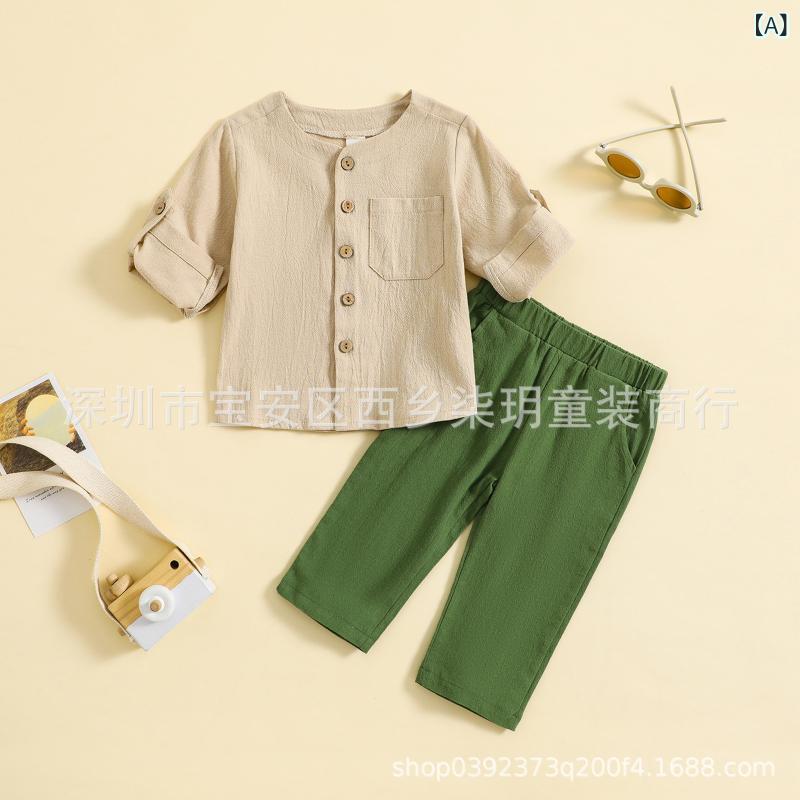 キッズ 男の子 女の子 中性 夏 綿麻 純色 シンプル 短袖 ロールアップ トップス ロングパンツ セット 2点組 ベビー 幼児 1〜3歳 80〜120cm 翠緑 浅茶 キャメル 軽量 通気性 吸湿速乾 田園風 親子コーデ 日常使い カジュアル