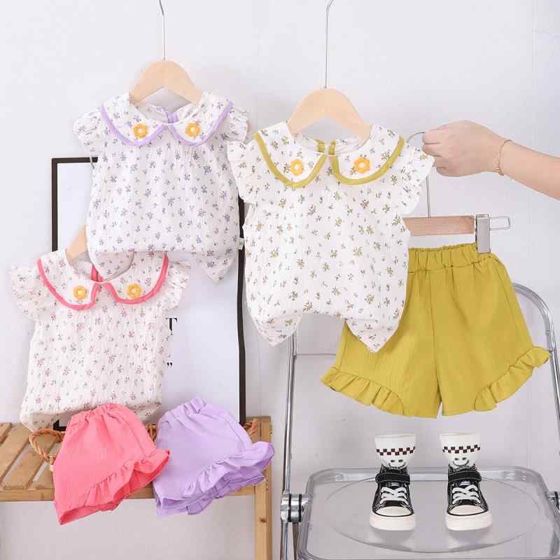 其它 - 女児 夏服 セット トップス 短パン 2点セット 女の子 ベビー 幼児 かわいい 花柄 綿素材 柔らかい 薄手 短袖 翻領 黄色 ピンク 紫 80cm 90cm 100cm 110cm 軽量 吸湿速乾 通気性 日常使い 親子コーデ 花柄プリント 涼しい
