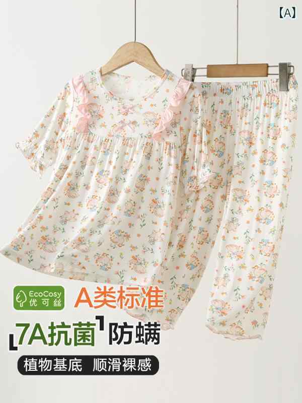 Top & Bottom Sets - 女児用パジャマ 春夏 薄手 接触冷感 吸湿速乾 短袖 七分丈パンツ セット かわいい プリンセス風 田園 動物柄 花柄 花辺 ボヘミアン かわいい 再生繊維 伸縮性 薄型 女の子 部屋着 寝間着