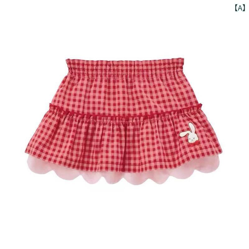 女児 スカート キッズ 女の子 半身スカート 綿 夏 春夏 かわいい プリンセス スカート 格子柄 花柄 刺繍 動物 柄 ウサギ モチーフ 両面着用 軽量 通気性 吸湿速乾 日常使い カジュアル スタイル 3〜8歳 中小児向け ピンク系 カラー アイボリ