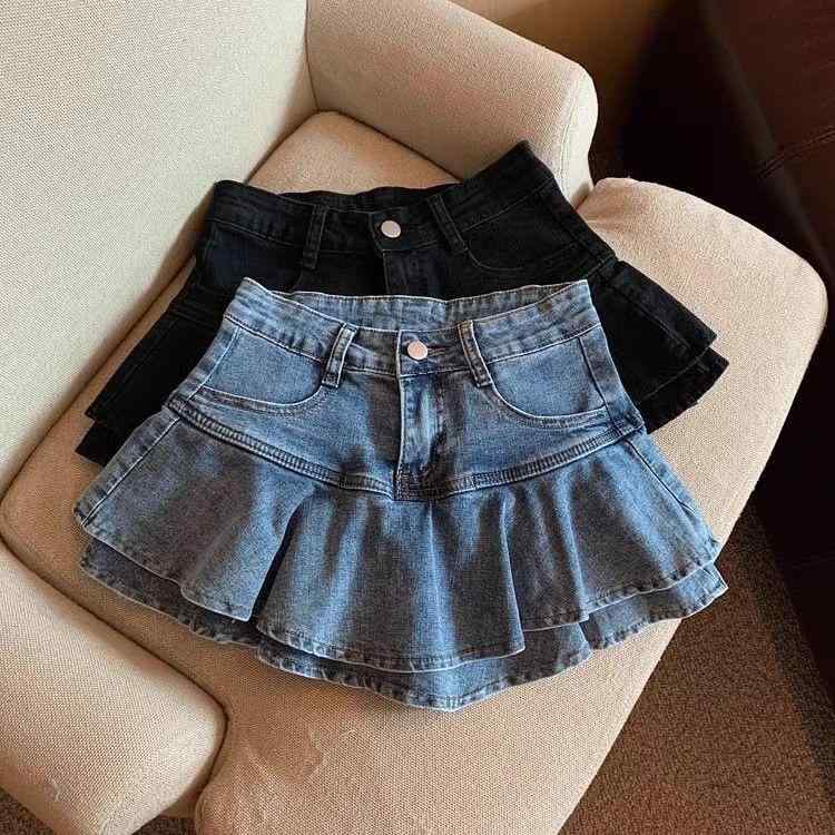 女の子 スカート デニム 半身 夏 プリンセス かわいい 子供用 伸縮性 高腰 包臀 A字 短丈 綿素材 柔軟 純色 ブルー ブラック 荷葉縁 スカート 普段使い 通学 軽量 接触冷感