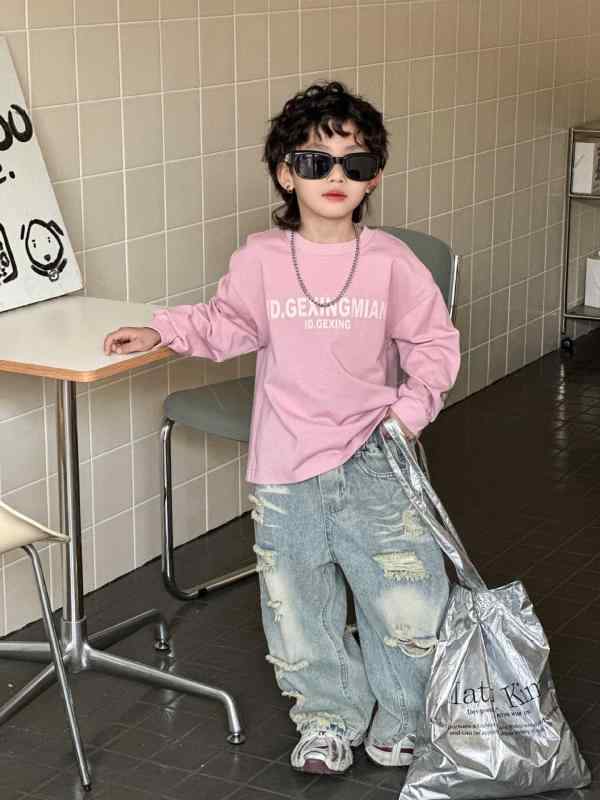 T-Shirts （Short Sleeve） - 子供服 男の子 女の子 中小 長袖 Tシャツ トップス 綿 柔らか素材 吸湿速乾 丸首 春 ピンク かわいい 韓国風 ゆったり 普段使い ファミリーコーデ 3〜8歳