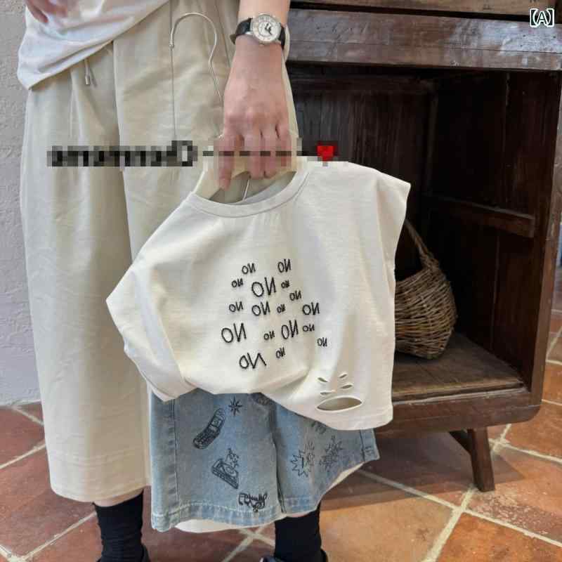 Rakuten - 子供 男の子 Tシャツ トップス 無袖 肩落とし ゆったり 刺繍 コットン 混紡 柔らかい 通気性 夏 春夏 白色 ジンジャー イエロー 杏色 ピンク系 アイボリー 3-8歳 100-140cm 普段使い 部屋着 遊び着 軽量 吸湿速乾 ストリート カジ
