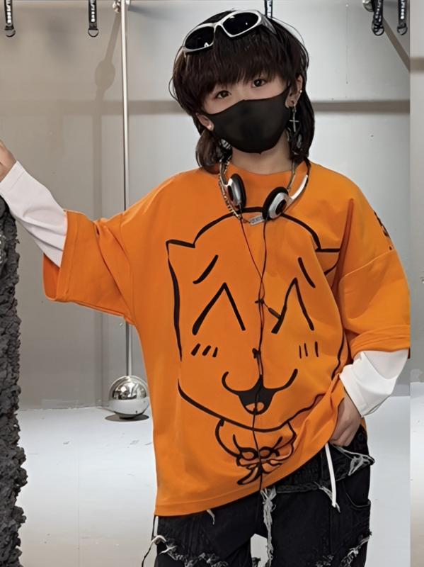 T-Shirts （Short Sleeve） - キッズ Tシャツ 男の子 女の子 夏 半袖 綿 柔らか素材 吸湿速乾 丸首 動物プリント ストリートスタイル ゆったりシルエット かわいい 子供服 トップス ユニセックス 短袖 コットン 機能性 街着 オレンジ ブラック 100cm 110cm 120c