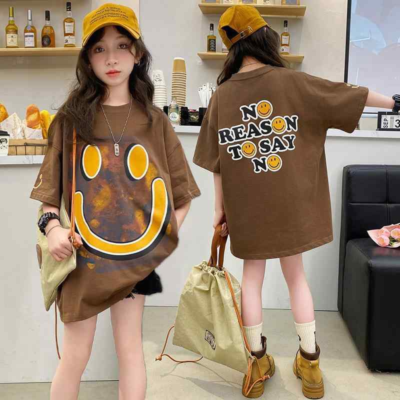 女児 Tシャツ トップス かわいい 短袖 丸首 綿素材 吸湿排汗 柔らかい 肌触り 夏用 春夏 韓国風 ゆったり シルエット 中長丈 女大童 8歳以上 120cm 130cm 140cm 150cm 160cm 170cm 対応 カード 柄 プリント 子