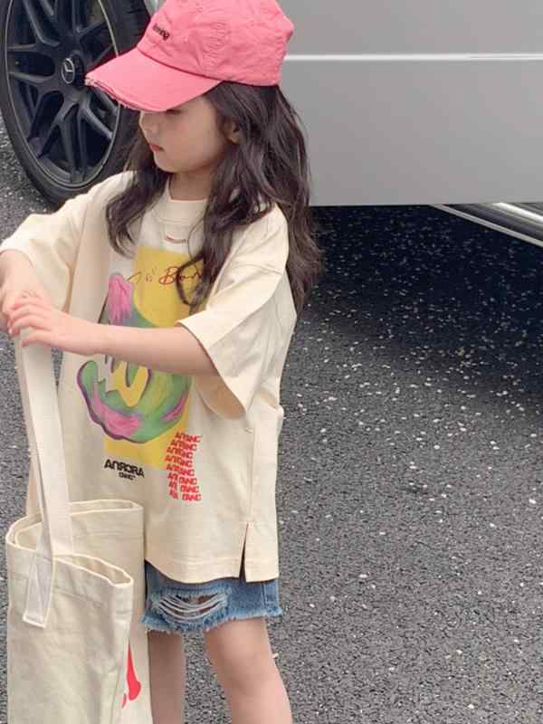 T-Shirts （Short Sleeve） - 女児 Tシャツ レディース 子供 女の子 短袖 半袖 トップス 綿 100% 柔らかい 吸湿速乾 丸首 かわいい カードゥーガン アルファベット 運動 田園 夏 春夏 米杏色 ピーチカラー アイボリー ベージュ 軽量 通気性 ゆったり ルーズフィット 日