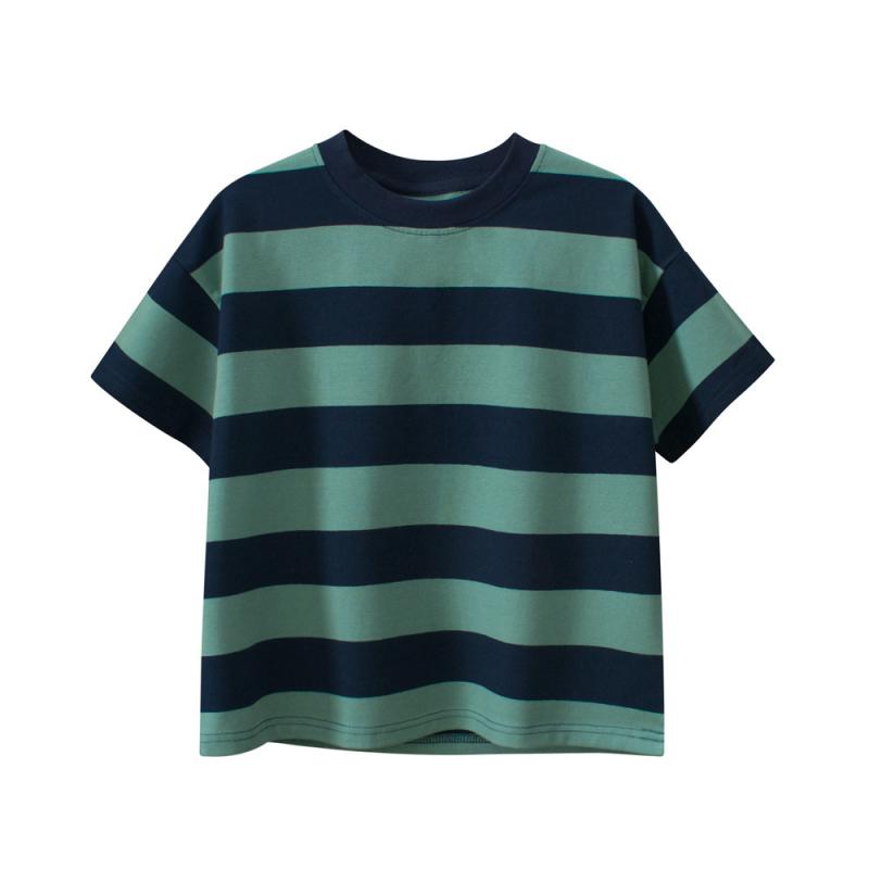 キッズ 男の子 女の子 短袖 Tシャツ トップス 丸首 ストライプ柄 綿素材 柔らかい 夏服 ゆったりシルエット 天然コットン 95% 吸湿速乾 軽量 通学 普段使い 120cm 130cm 140cm 150cm 160cm 170cm
