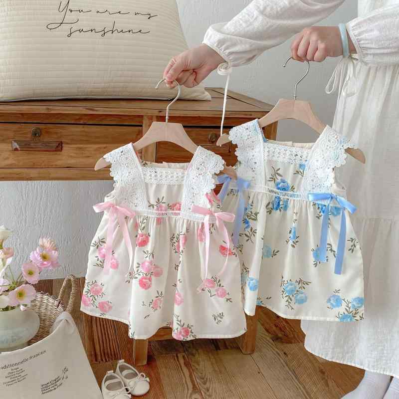 女児 ワンピース 子供 女の子 春夏 夏用 吊り帯 背心 プリンセス スカート 綿 コットン 95% 花柄 花朵 ピンク 花 ブルー 花 無袖 レース 花辺 蝶結び かわいい 甘め プリンセス プリント 軽量 通気性 吸湿速乾 日常使い 遊び着 3〜8歳