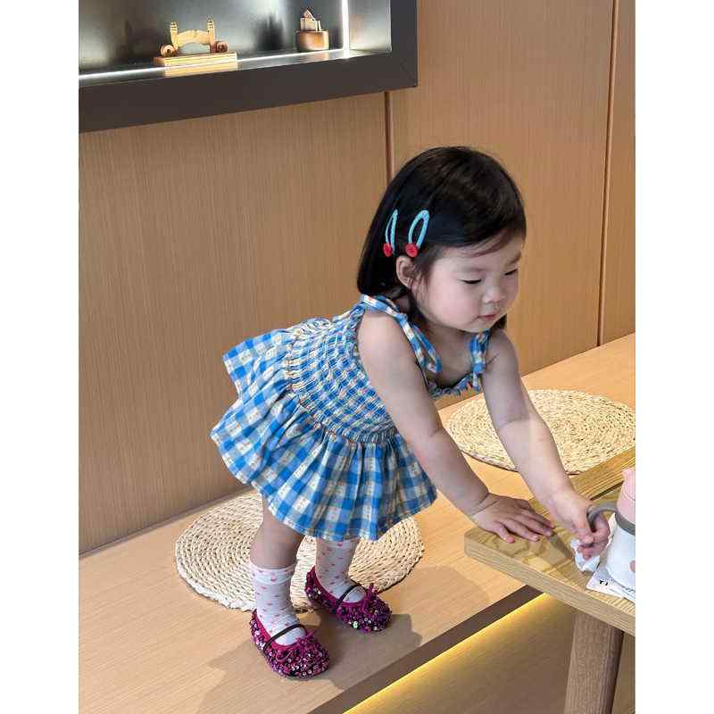 Rakuten - 女児 ワンピース 女の子用 子供 ベビー 夏用 吊り帯スカート 背心スカート 綿 柔らかい 格子柄 ブルー かわいい 軽量 吸湿速乾 1-5歳 80-120cm 通気性 日常使い