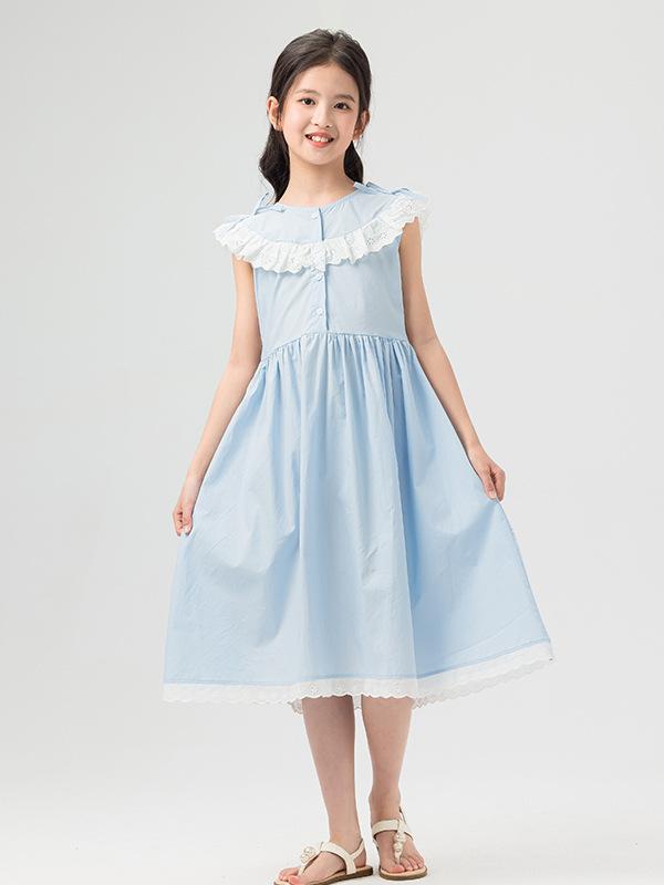 女児 ドレス キッズ 女の子 ワンピース 夏 無袖 綿 100% 軽量 薄手 柔軟 かわいい 花辺 レース プリンセス スタイル 甘い デザイン 軽やか スカート フレア ヘム 淡いブルー 120cm 130cm 140cm 150cm 160cm 17