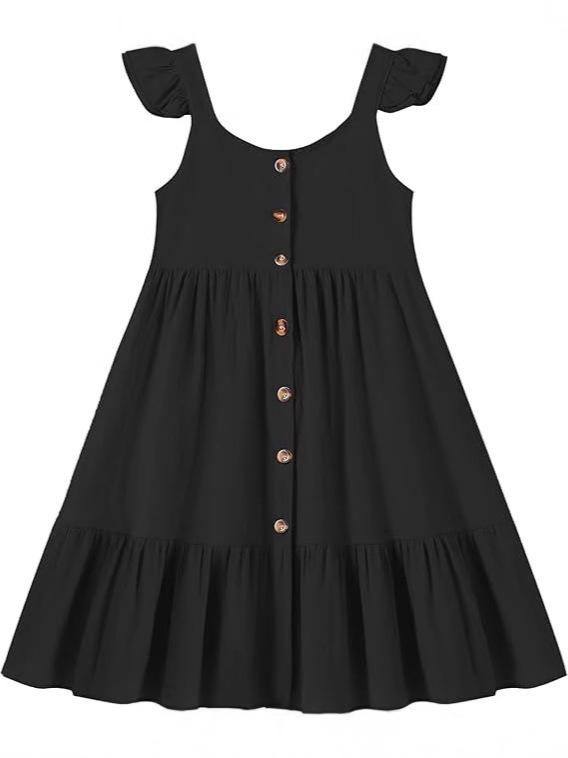 Jumpers - 女の子 ワンピース 春夏 無袖 吊り首 プリーツ 荷葉エッジ ボタン 綿混紡 柔らか素材 かわいい プリンセス スカート ブラック ネイビー ホワイト ライトブルー カーキ ベージュ ピンク グリーン 90cm 100cm 110cm 120cm 130