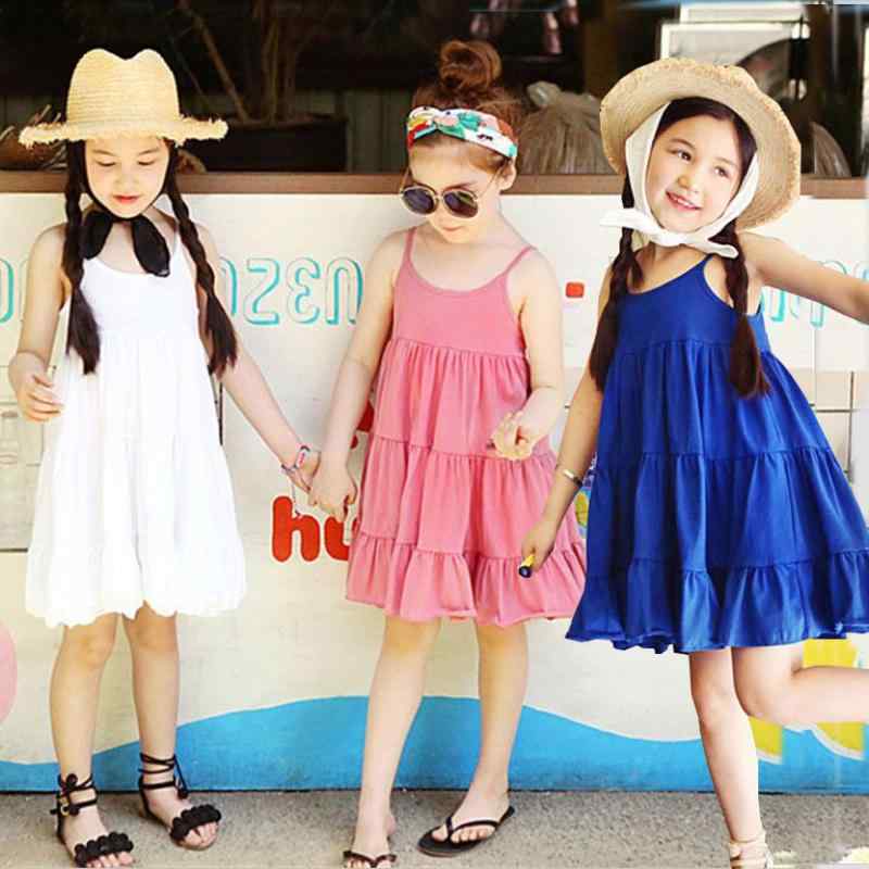 Jumpers - 女児 吊り紐 ワンピース スカート 女の子 夏用 ビーチ 度假 純色 A字 綿素材 柔らか 接触冷感 かわいい 軽量 吸湿速乾 田園 カジュアル ピンク オレンジ ホワイト ネイビー 背中開き トップス 背心 デザイン 通学 遊び着