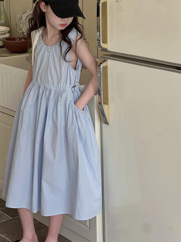 Jumpers - 女児用 無袖 ワンピース ドレス 女の子 夏服 子供服 綿 100% 純色 Aライン スカート 柔軟 快適 潮 かわいい 田園風 黄色 浅ブルー 8歳以上 中大童 背心型 気質 洋気 軽量 通気性 伸縮性 吸湿速乾 普段使い 遊び着