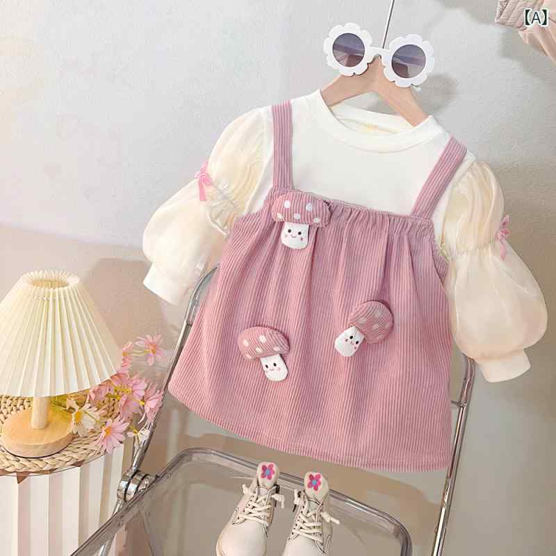 女児 ベビー ワンピース 春季 かわいい プリンセス風 吊り帯 長袖 Aライン 切り替...