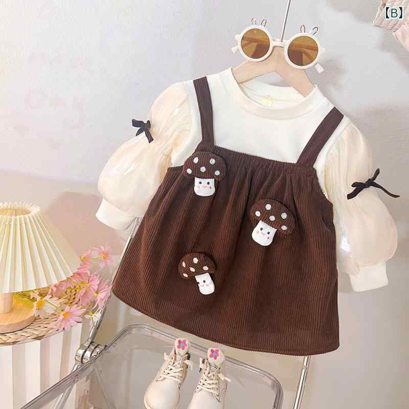 女児 ベビー ワンピース 春季 かわいい プリンセス風 吊り帯 長袖 Aライン 切り替...