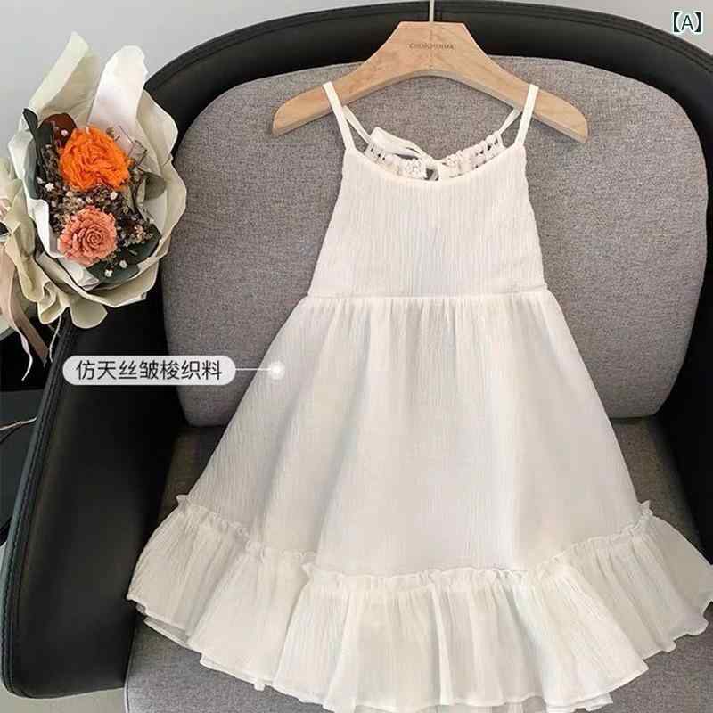 Jumpers - 女児 ワンピース 女の子 夏 子供服 綿 白 吊り帯 ローズ刺繍 フレンチスタイル 背中開き 柔らか素材 プリンセス風 荷葉辺スカート かわいい 軽量 通気性 普段使い 潮范 ビッグシルエット ベビー キッズ 女児服