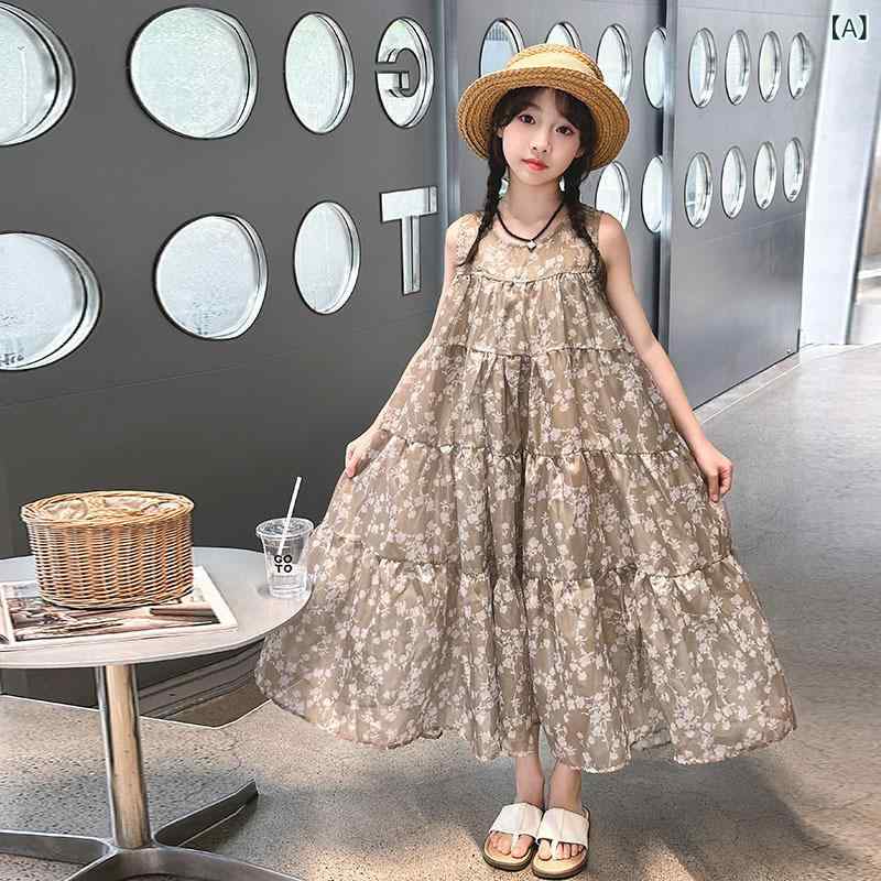 女児 無袖 ワンピース 夏 プリンセススカート ロング丈 女の子 中学生 大学生 女童 子供服 綿混紡 ポリエステル 柔らかい 生地 純色 かき色 ベージュ かわいい 潮 ファッション 薄手 涼しい 無地 袖なし 膝下丈 スカート プリンセス風 夏服 女