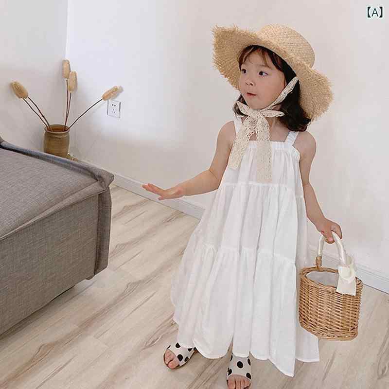 女児 吊り帯 ワンピース 夏 涼しい 綿混紡 ポリエステル 純色 ホワイト Aライン ス...