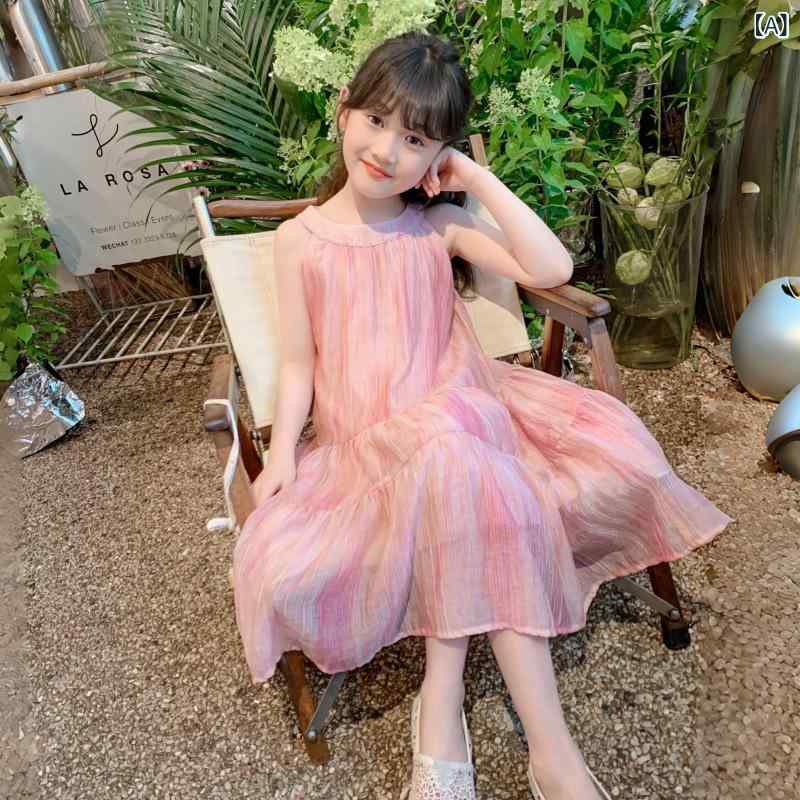 Jumpers - 女の子 ワンピース 夏用 キッズ 吊り帯 ビーチ プリンセスドレス Aライン スカート 女児 かわいい トレンド デザイン ポリエステル 軽量 通気性 涼しい 伸縮性 ピンク系 カラー 遊び着 日常使い 8歳以上 140cm以上 対応