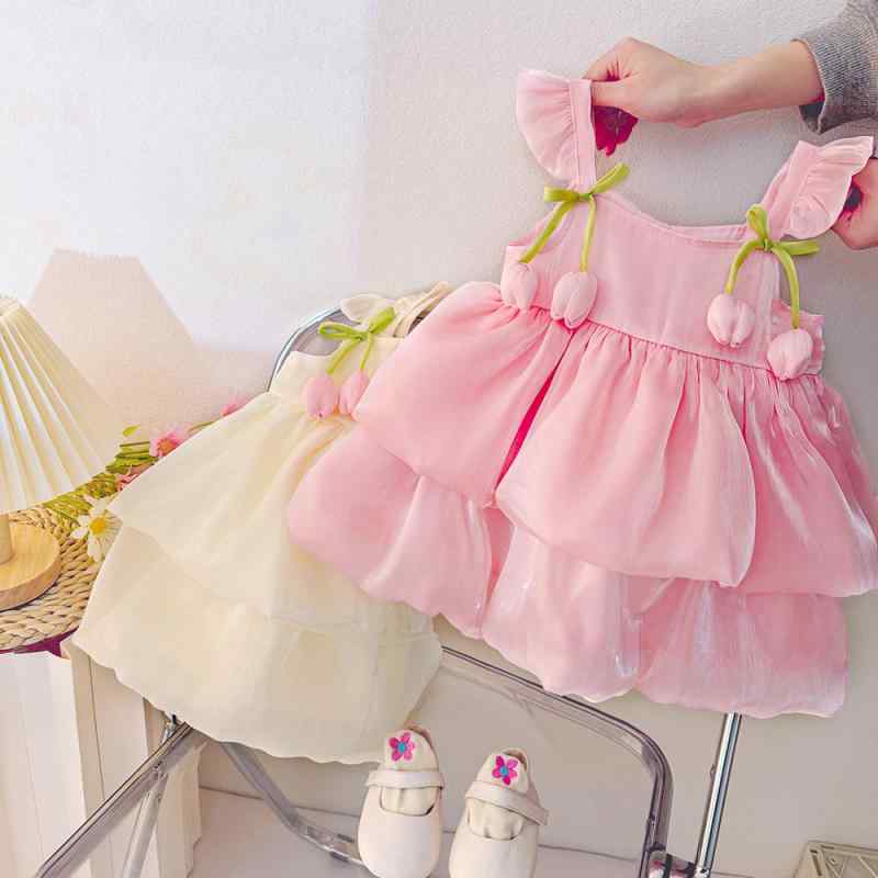 Jumpers - ベビー 女の子 吊り帯 ワンピース 夏用 プリンセス ロンパース コットン 混紡 綿 素材 80% 無袖 Aライン スカート かわいい ピンク ホワイト グリーン 1〜3歳 80〜110cm 通気性 軽量 普段使い シンプル デザイン 女児 夏服 キャミ