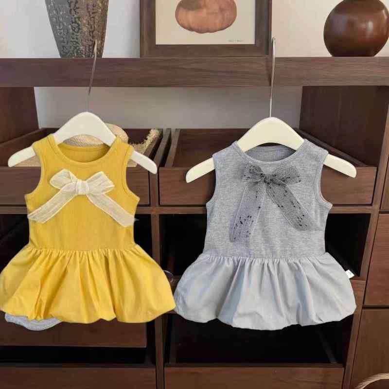 Jumpers - 女の子 ワンピース キッズ 女児用 夏 黄色 綿 接触冷感 柔らかい プリンセス スカート Aライン ポンパドール 背中 開き かわいい 花柄 スカート 子供服 女の子服 ベビー ドレス 軽量 通気性 吸湿速乾 ふんわり デザイン 日常使い