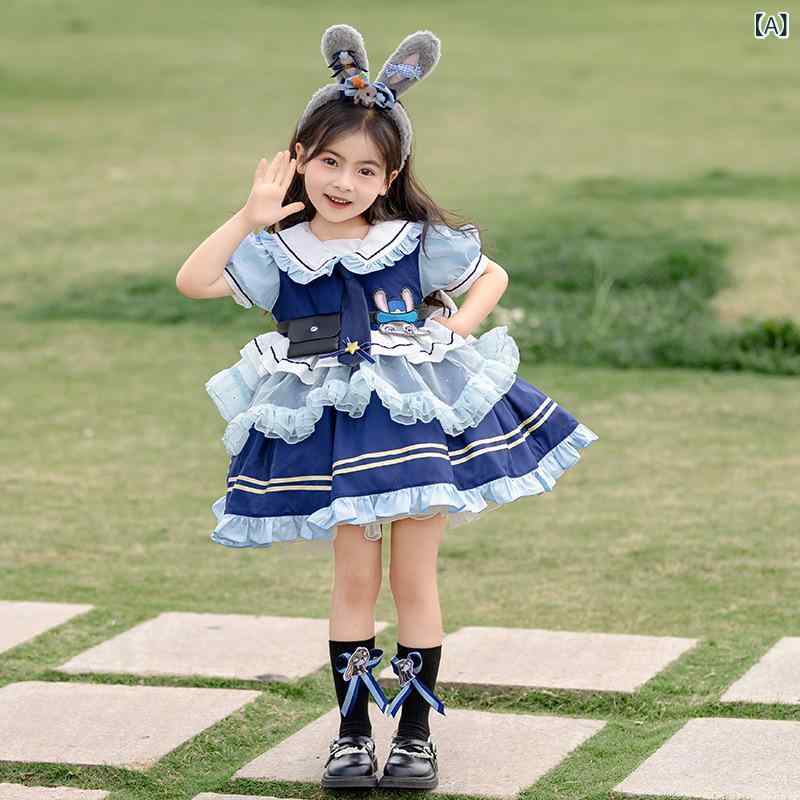 Suits, Tuxedos （Boys） - 女の子 プリンセスドレス ロリータ風 蓬蓬スカート 子供用 かわいい 夏服 コットン混紡 柔軟素材 短袖 ボヘミアン 風 ブルー カートゥーン柄 中小童 3〜8歳 100〜140cm 通学 遊び着 軽量 伸縮性 吸湿速乾 ハイウエスト フレアシルエット