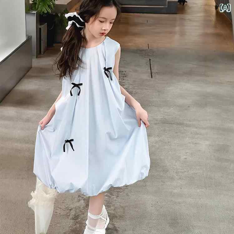 Suits, Tuxedos （Boys） - 女児 かわいい 無袖 コットン ワンピース 夏 スカート ブルー 花柄 蝶結び リボン Aライン フレア スカート コットン素材 柔らかい 肌触り 無地 プリント 甘め スタイル 女の子 子供服 コットン70パーセント 夏用 軽やか 無袖デザイン コット